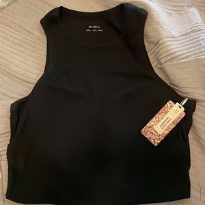 OGL Crop Razor Back Tank Top w/ Built in Bra - Color: Black - Size: Large